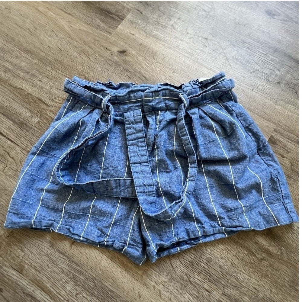 Banana Republic Windowpane Plaid Paperbag Shorts Womens 0 Blue Cotton Linen